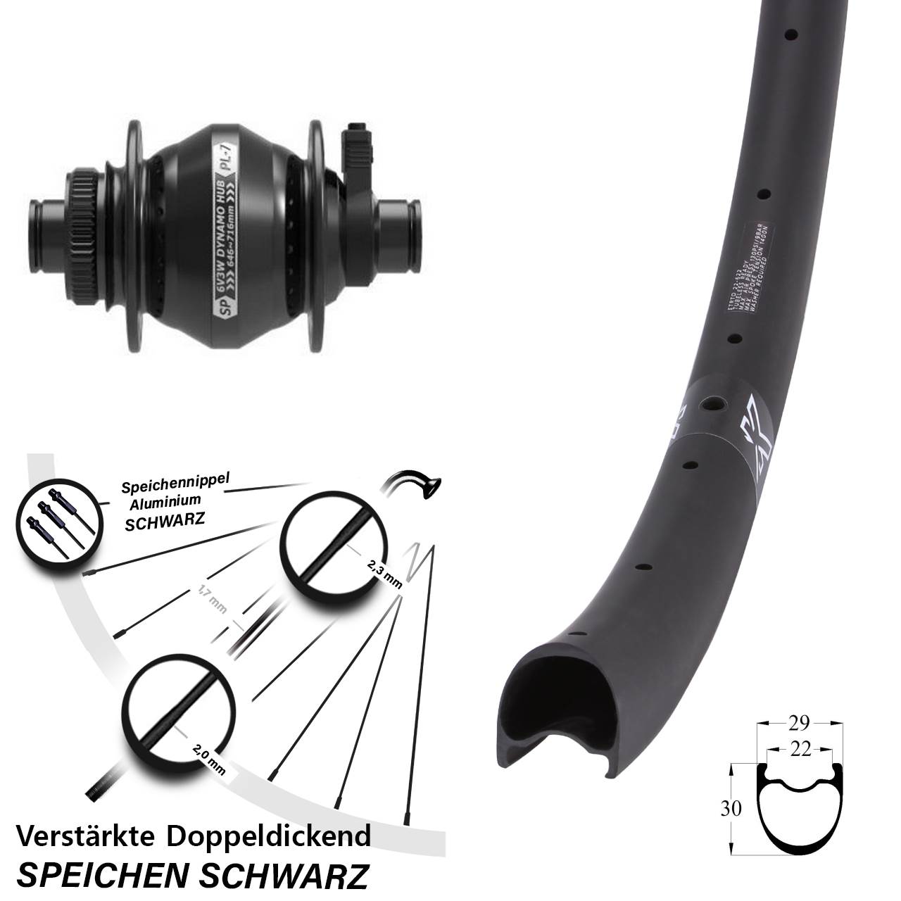 28-29 Zoll KX-RC Gravel Carbon Shutter Precision PL-7 Dynamo-Vorderrad Centerlock 12x100