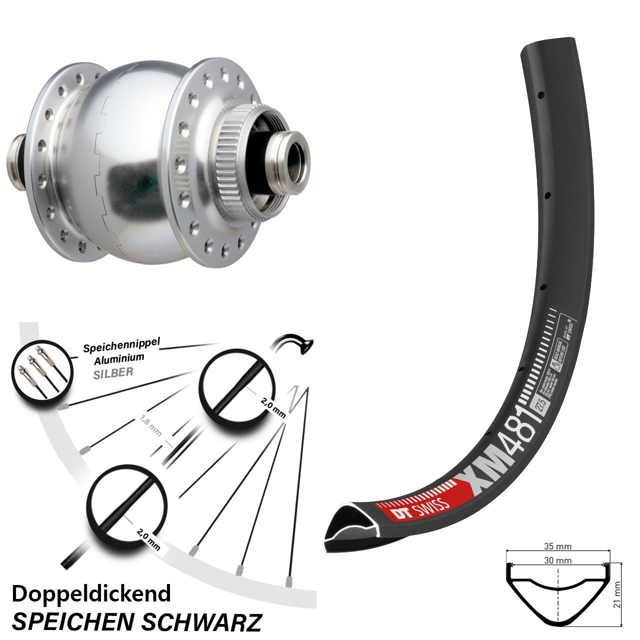 SON 28 silbern DT Swiss XM 481 27,5 Zoll Centerlock Dynamovorderrad 12x100