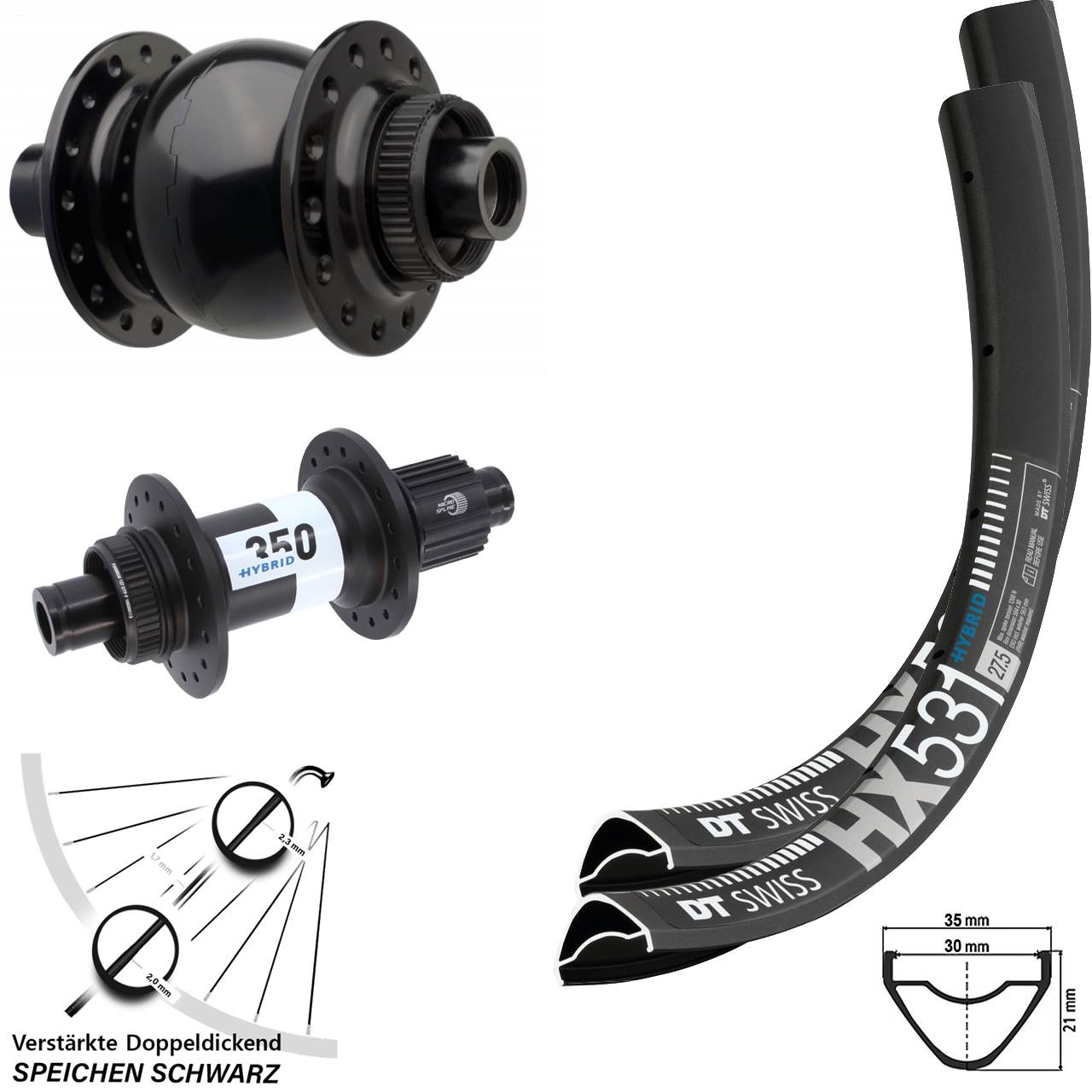 27,5 Zoll HX 531 DT Swiss Hybrid 350 SON 28 Laufradsatz 15x110 12x148 Micro Spline