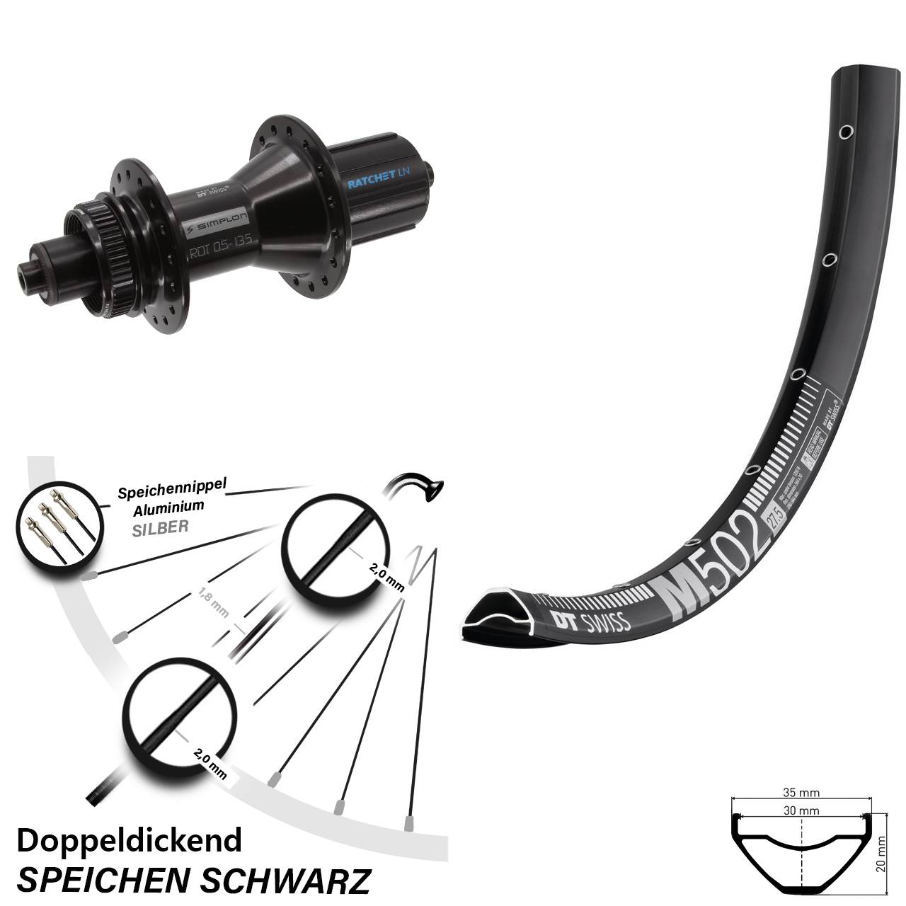 29 Zoll Hinterrad DT Swiss M 502-370 Hybrid Centerlock 8-11 fach QR