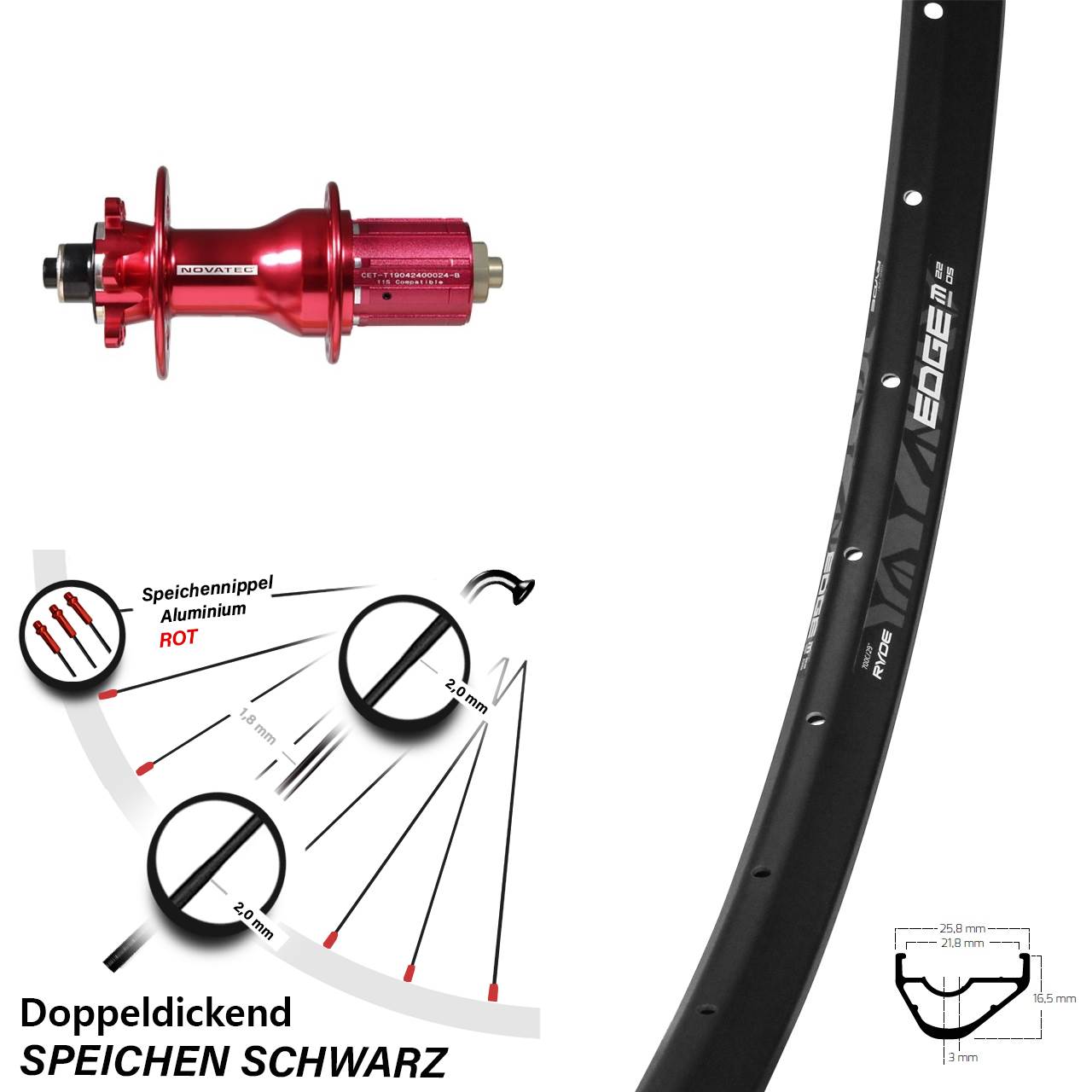 Ryde Edge M22 OS Novatec D792 29 Zoll Disc Hinterrad für Schnellspanner 8-12 fach HG