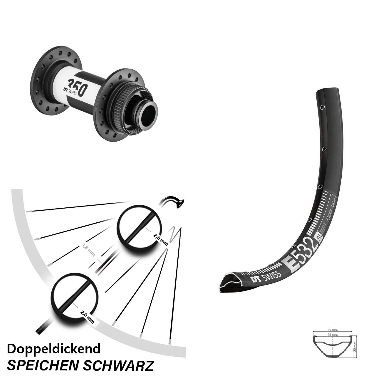 29 Zoll schwarz Vorderrad DT Swiss 350 E 532 Steckachse Centerlock 15x100 mm 30-622 ETRTO