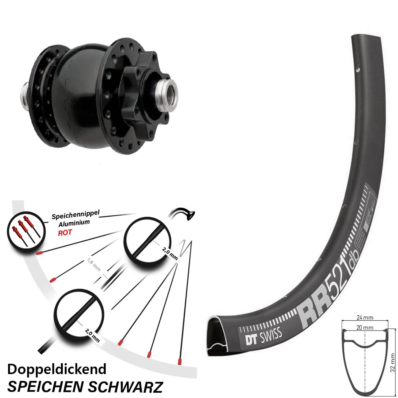 Vorderrad 28 Zoll DT Swiss RR 521 DB Dynamo SON 28-12 Disc 6-Loch 12x100 mm