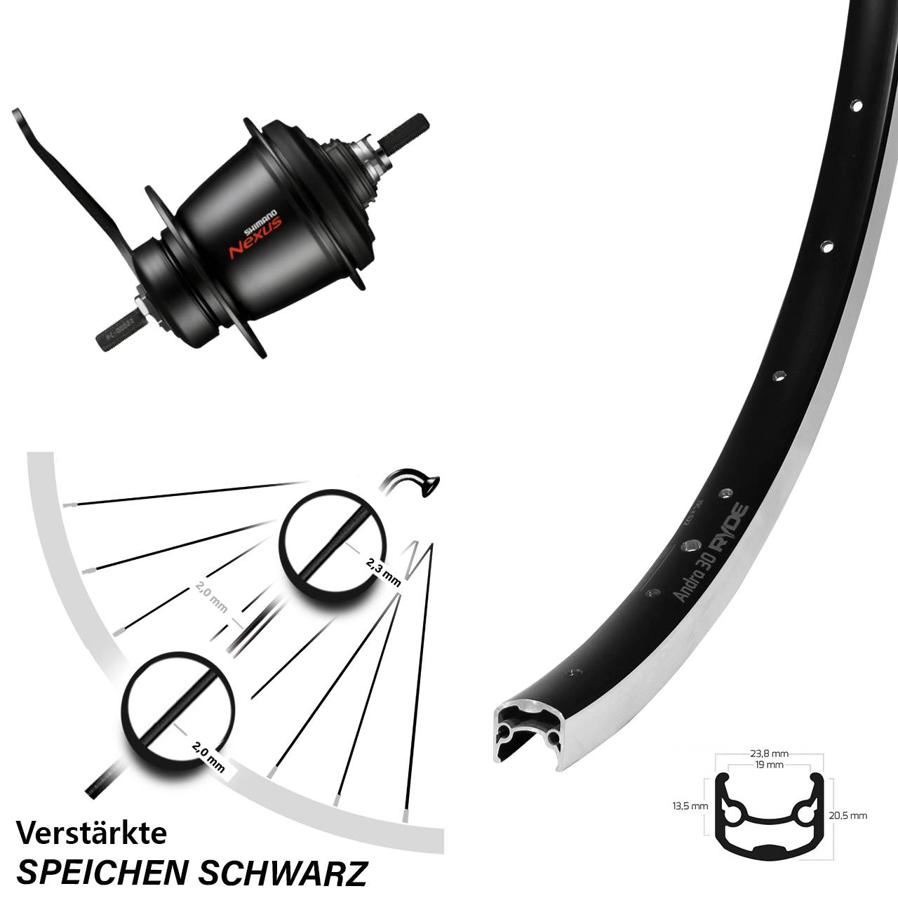 26 Zoll Hinterrad Shimano Nexus SG-C3001 7 Gang Rücktritt Ryde Andra 30 schwarz