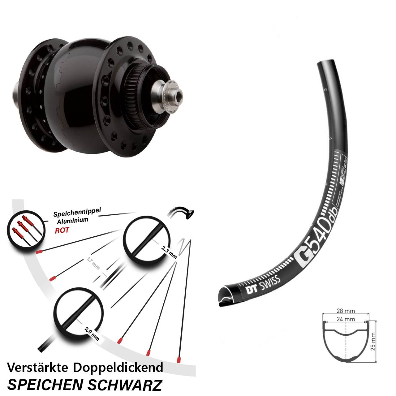 29 Zoll DT Swiss G540 SON 28 Centerlock Vorderrad mit Nabendynamo für Schnellspanner