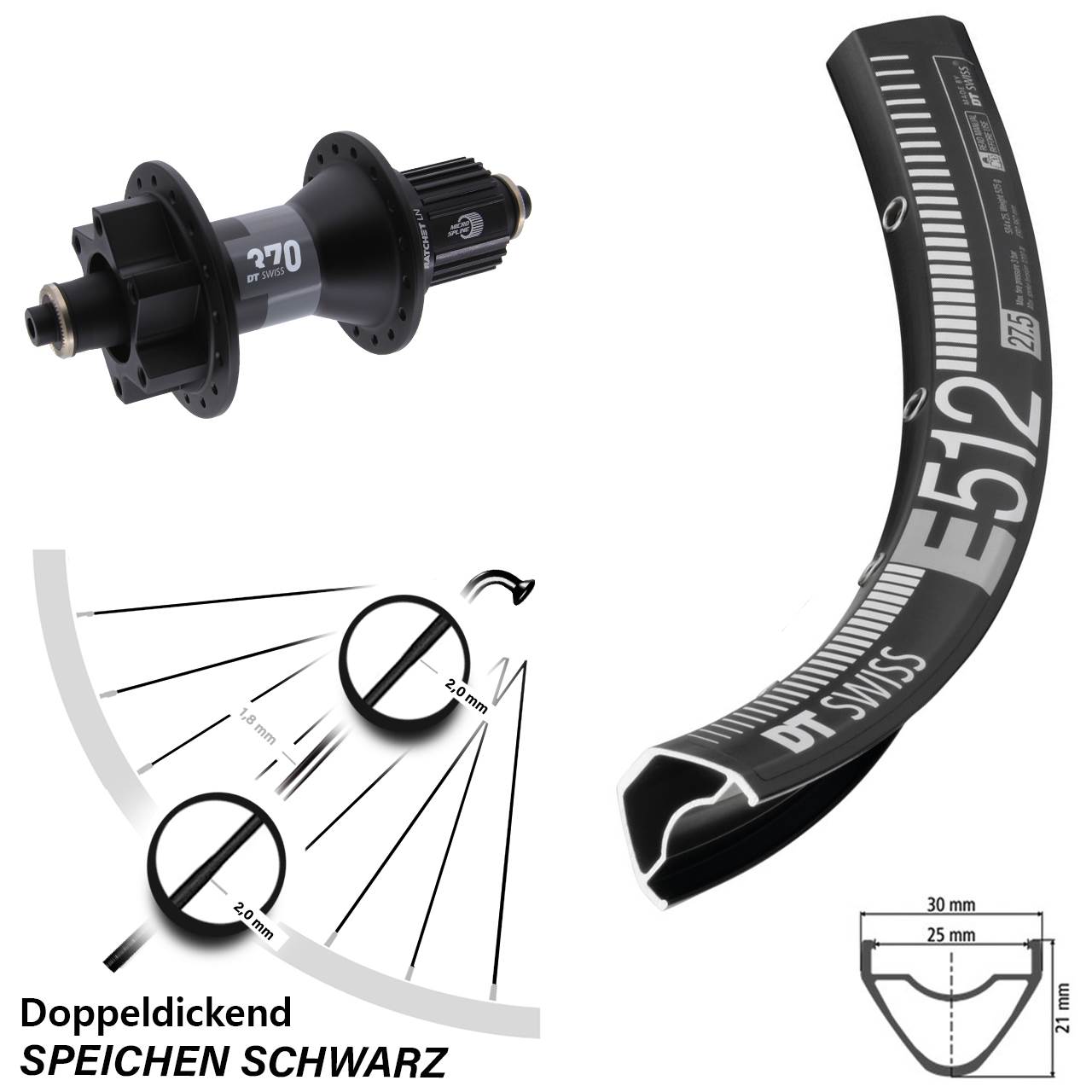 Disc Laufrad 29 Zoll DT Swiss E512-370 Micro Spline für Schnellspanner