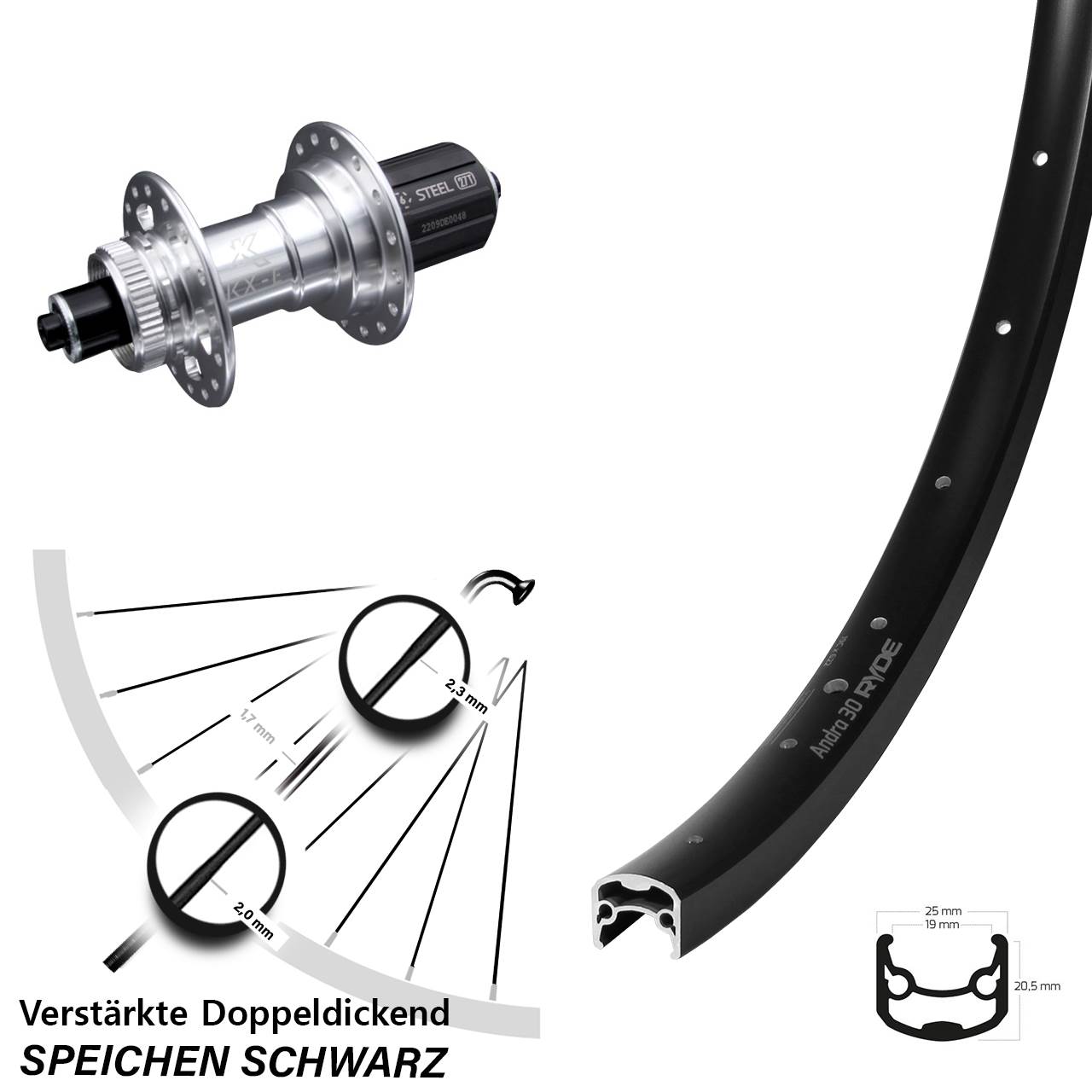 Hinterrad 28-29 Zoll verstärkt Ryde Andra 30 Disc KX-E Nabe silbern 5x135 mm 11-fach