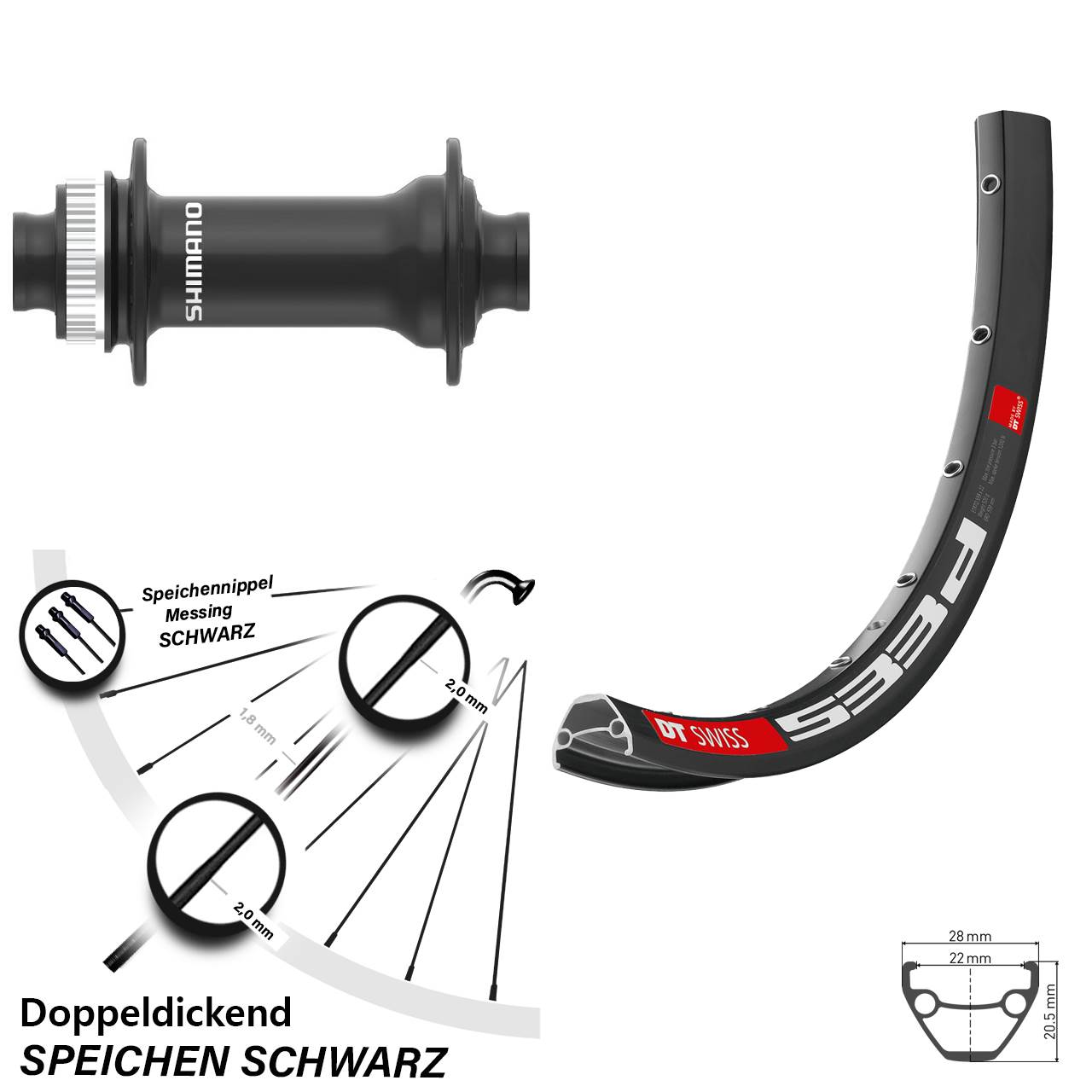 schwarzes 26 Zoll Vorderrad DT Swiss 533 D Shimano HB-MT410 Steckachse Centerlock