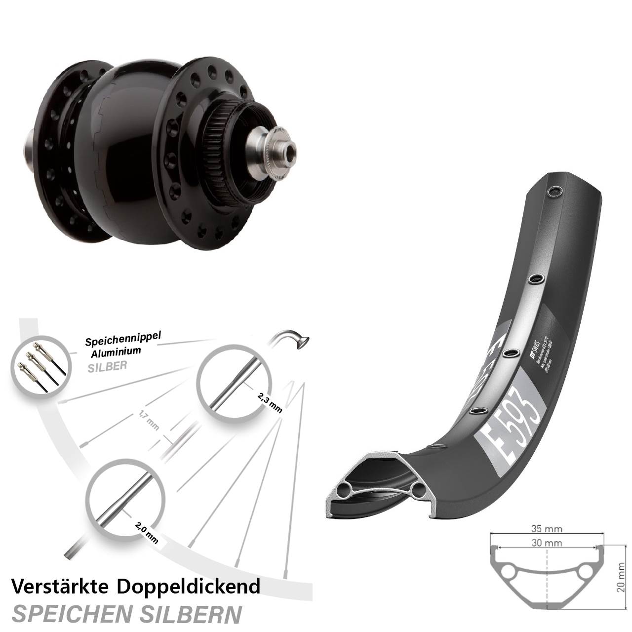 Disc Nabendynamovorderrad 29 Zoll DT Swiss E593 SON delux QR schwarz