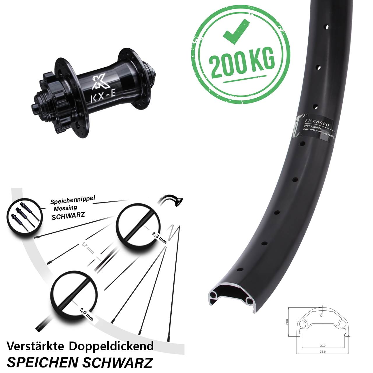 KX-E Cargo Vorderrad 20 Zoll Lastenrad Heavy Duty Nabe 4 Kugellagern