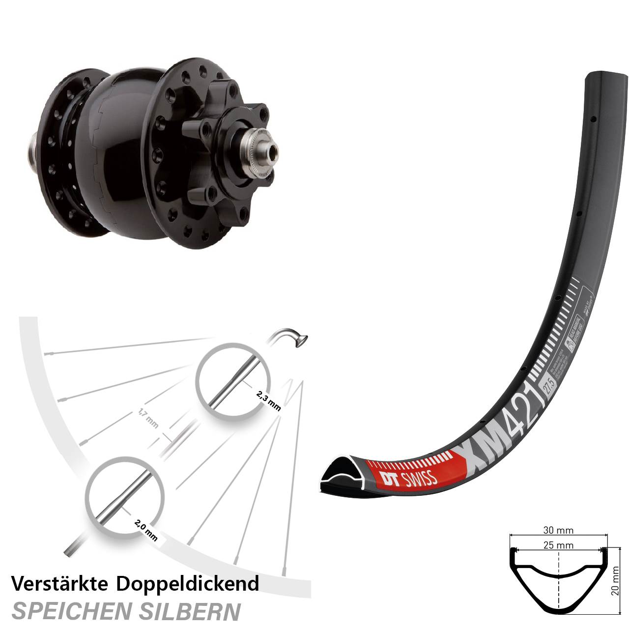 29 Zoll DT Swiss XM421 SON 28 6-Loch Nabendynamovorderrad für Schnellspanner