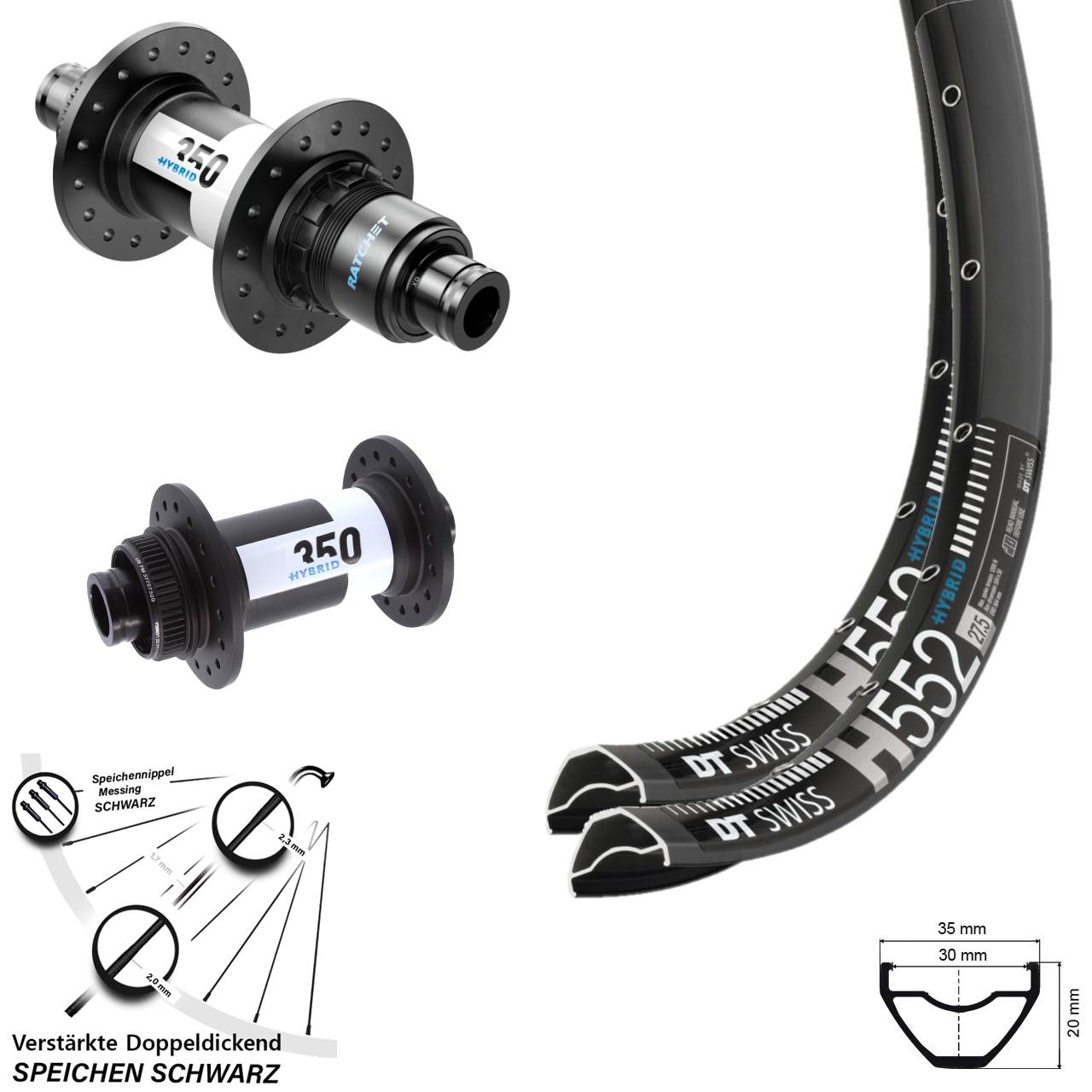 27,5 Zoll DT Swiss H552-350 Hybrid Boost Disc Laufrad-Satz 15x110 12x148