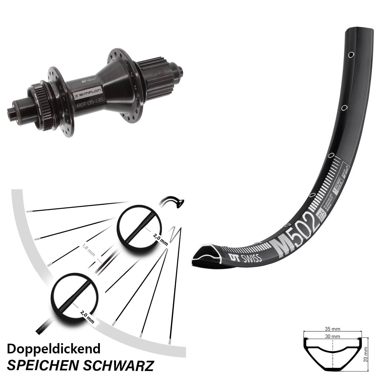 Hinterrad Centerlock für Schnellspanner 27,5 Zoll DT Swiss M502-370 Hybrid Shimano Micro Spline