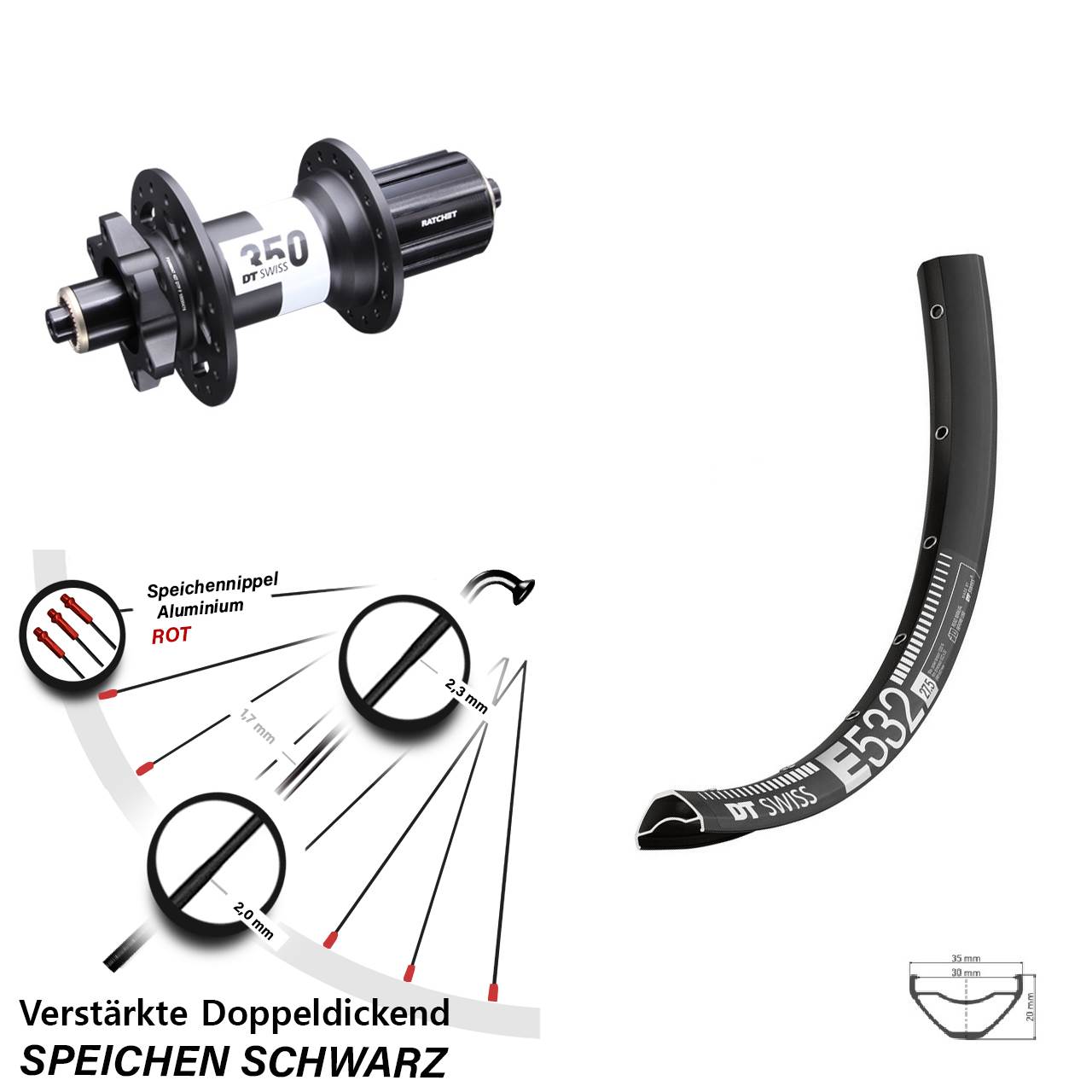 6-Loch Hinterrad 29 Zoll DT Swiss E 532-350 Ratchet 36 8-11 fach HG QR