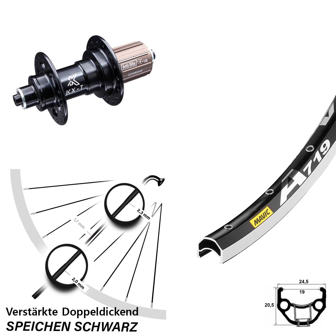 28 Zoll Laufrad Mavic A 719 KX-T 8-12 fach Felgenbremse 5/130 schwarz