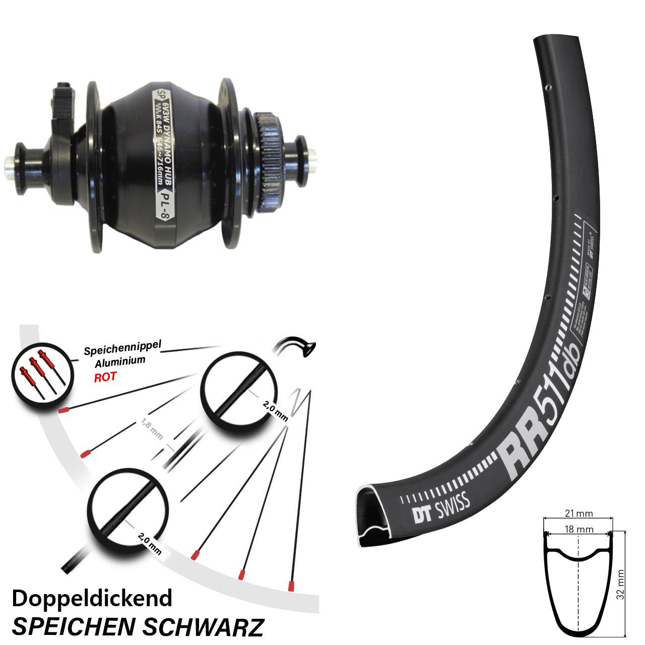 DT Swiss RR 511 Shutter PL-8 28 Zoll Disc Laufrad mit Nabendynamo QR