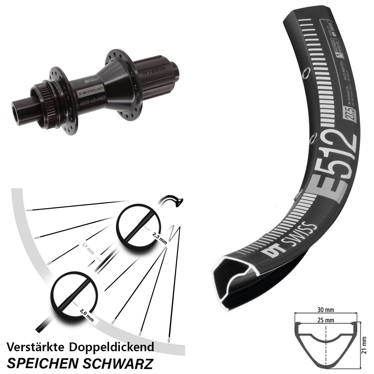 Hinterrad Centerlock 12x142 27,5 Zoll DT Swiss E 512-370 Hybrid 8-11 fach