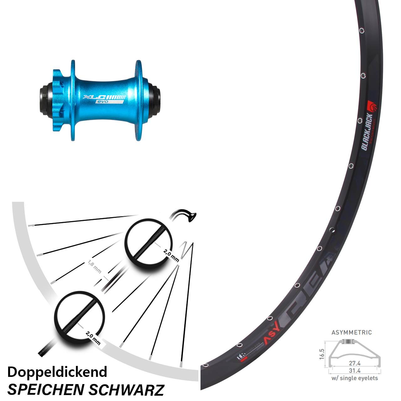 27,5 Zoll Vorderrad 6-Loch XLC Evo blau eloxiert Rodi Ready 27 Steckachse 15x100 mm