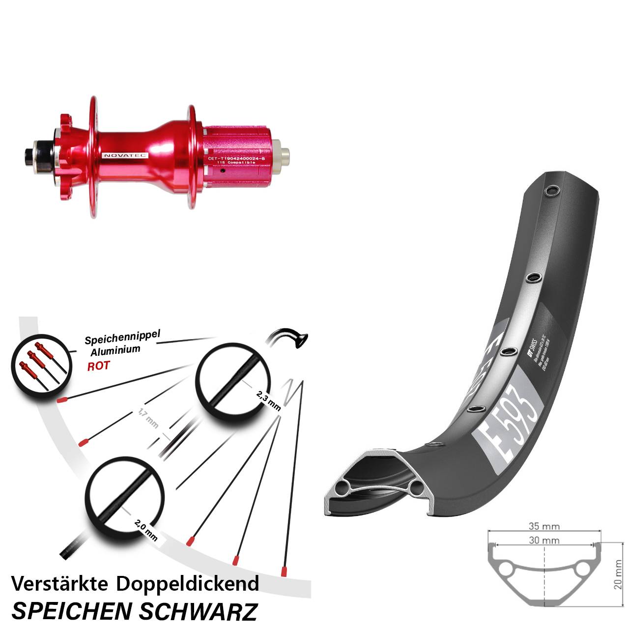 6-Loch Hinterrad für Schnellspanner 29 Zoll DT Swiss E 593 Novatec D792SB 8-12 fach HG