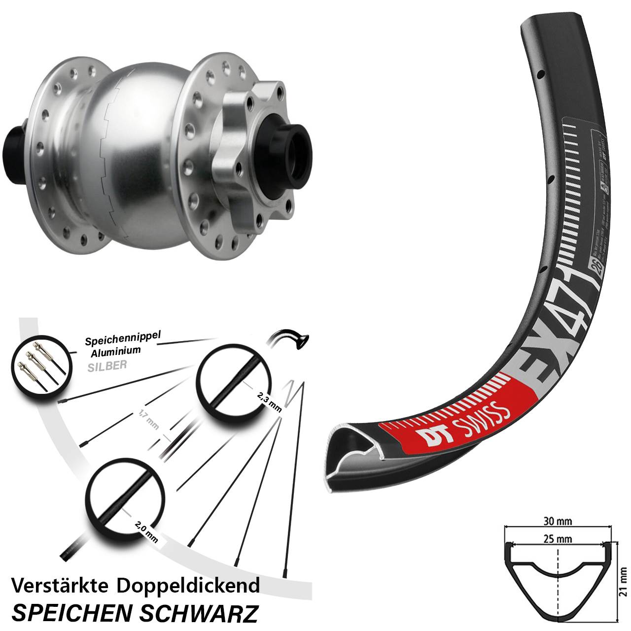 Boost Disc 29 Zoll Nabendynamolaufrad 15x110 DT Swiss EX471 SON 28 silbern