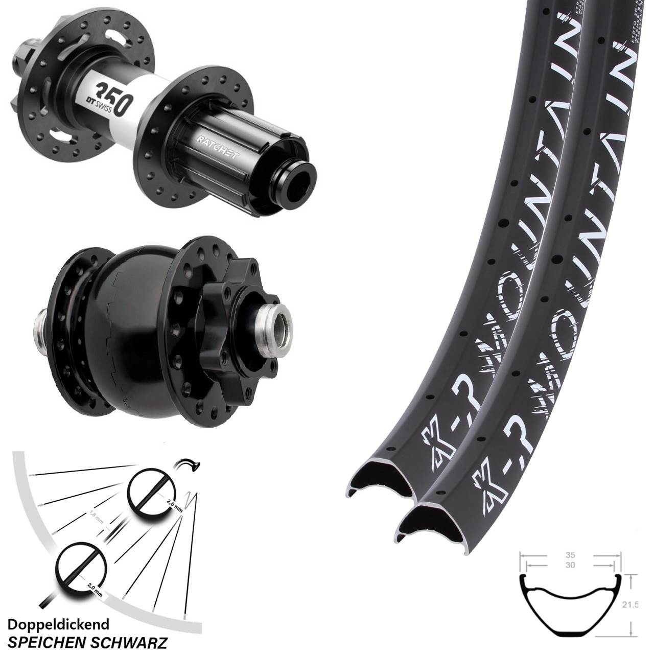 Laufradsatz 29 Zoll KX-R Mountain 6-Loch 12x100/142 schwarz DT Swiss 350 SON 28 Dynamo HG