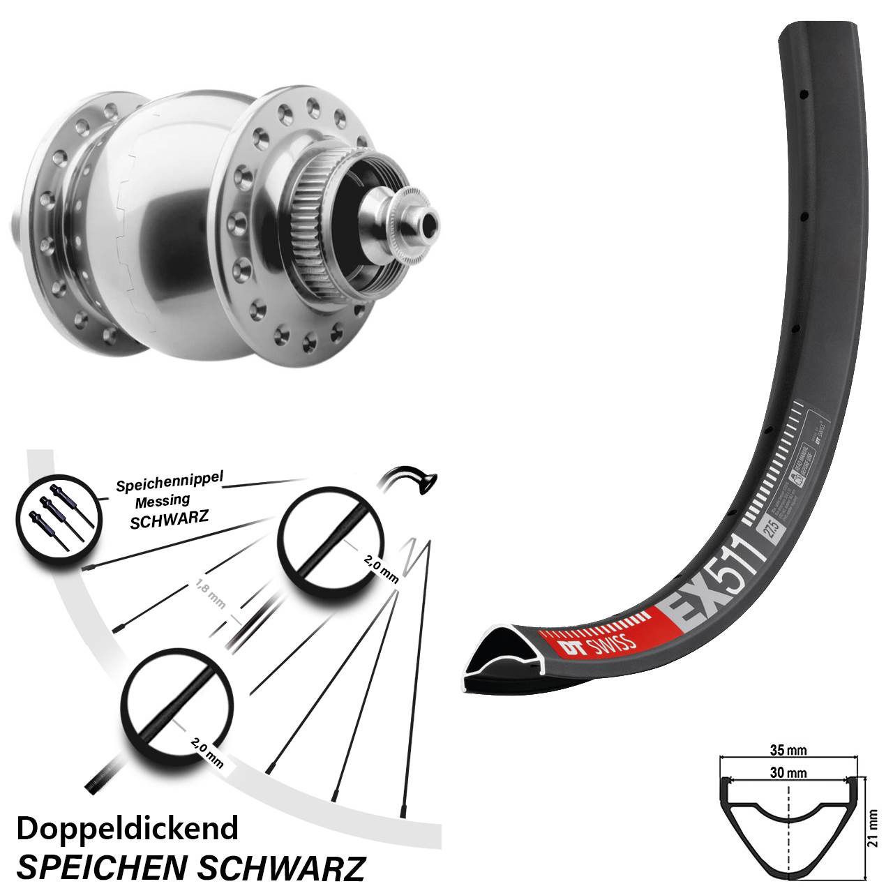 Disc Nabendynamo-Laufrad 27,5 Zoll DT Swiss EX511 SON 28 silbern QR