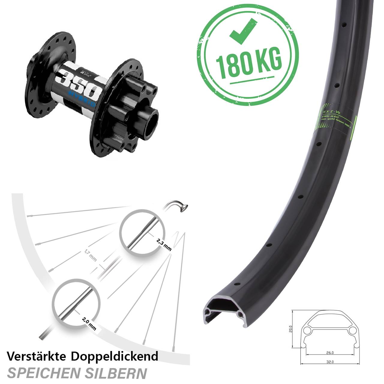 20 Zoll KX Evo verstärkt DT Swiss 350 Hybrid 6-Loch Vorderrad 15x110 Boost