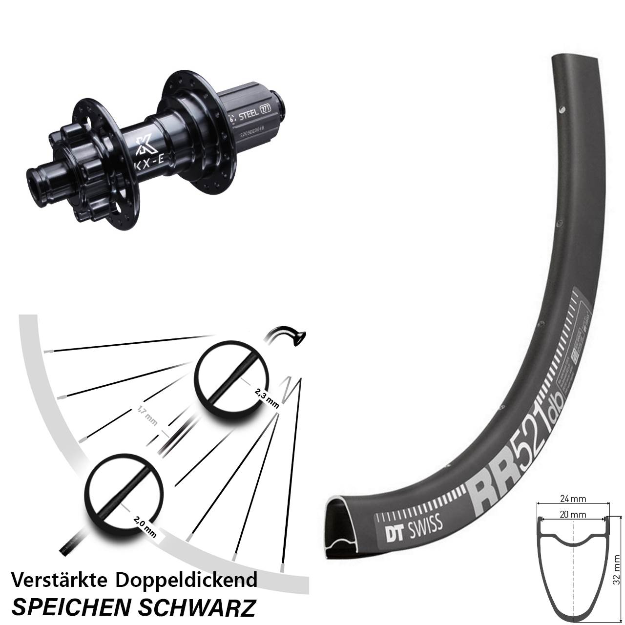 Hinterrad 6-Loch 28 Zoll DT Swiss RR 521 KX-E 8-12 fach HG 12x142