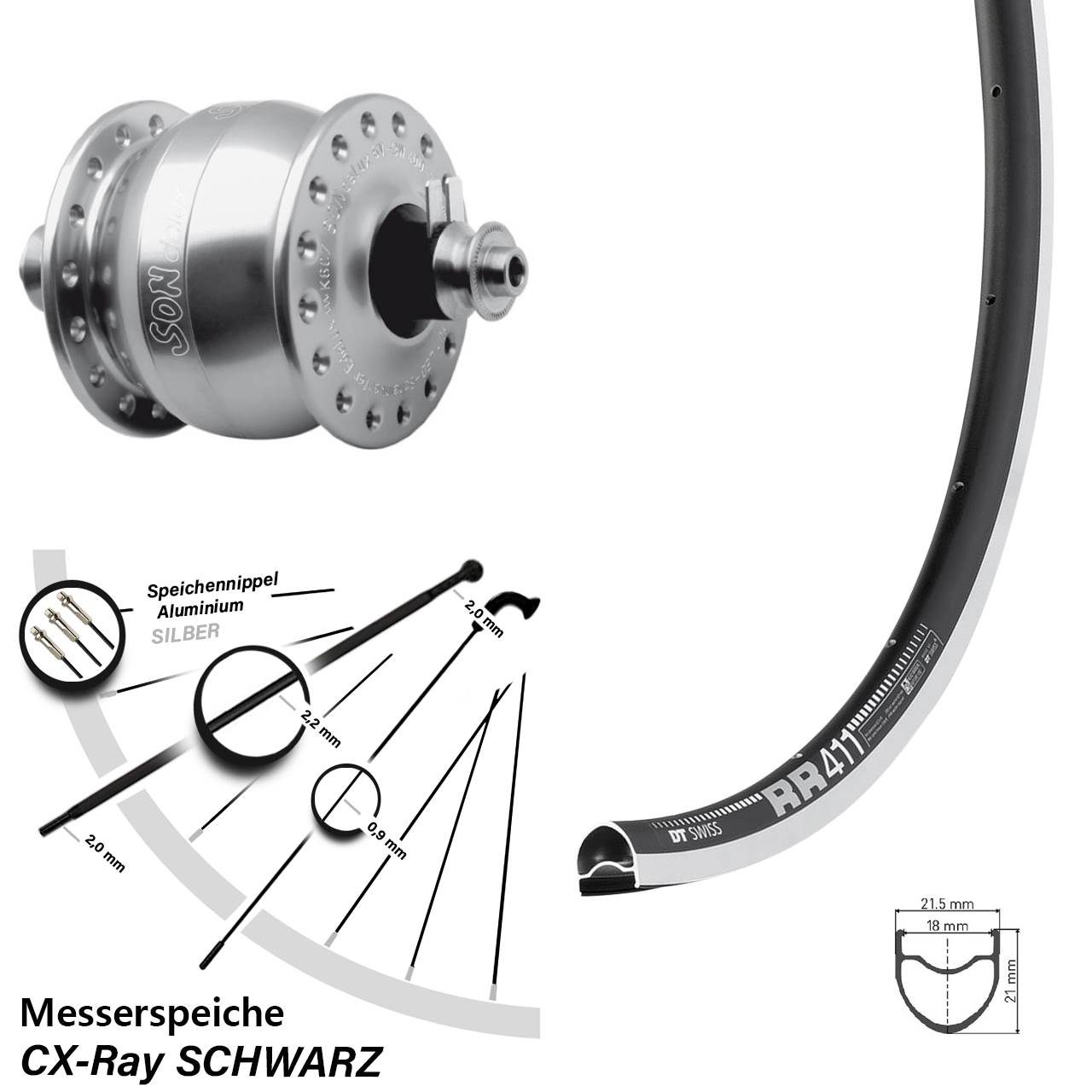 SONdelux DT Swiss RR 411 28 Zoll Nabendynamovorderrad für Schnellspanner CX-Ray