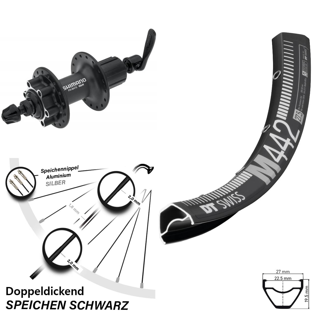 6-Loch Hinterrad QR 28 Zoll DT Swiss M 442 Shimano FH-M475 8-11 fach