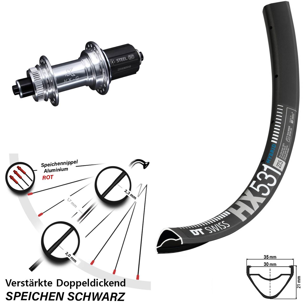 29 Zoll DT Swiss HX531 KX-GS Hinterrad Centerlock Schnellspanner 8-12 fach