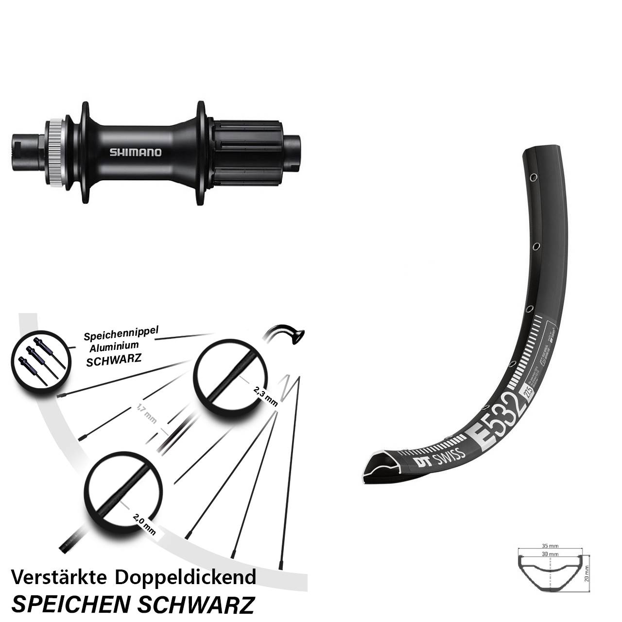 Centerlock Hinterrad 29 Zoll DT Swiss E 532 Shimano FH-MT400 8-11 fach HG 12x142