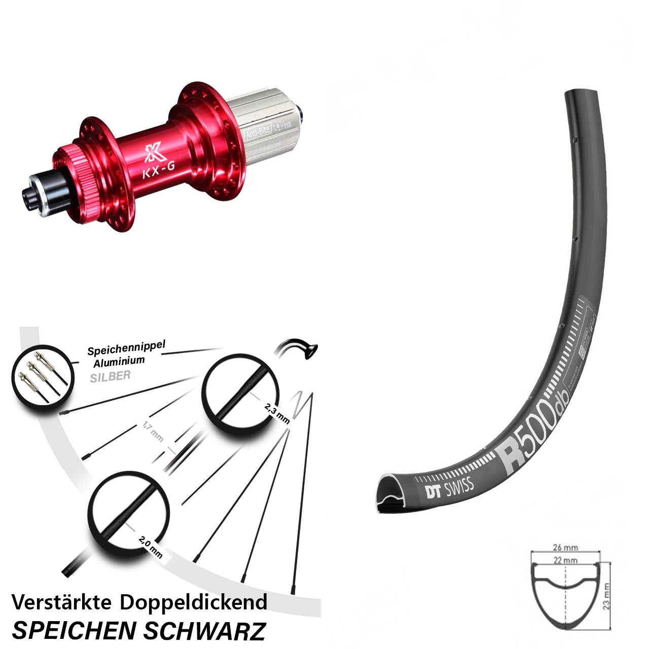 Hinteres Rad DT Swiss R 500 Road Disc Nabe KX-G rot-eloxiert 5x135 mm 8-12 fach Centerlock