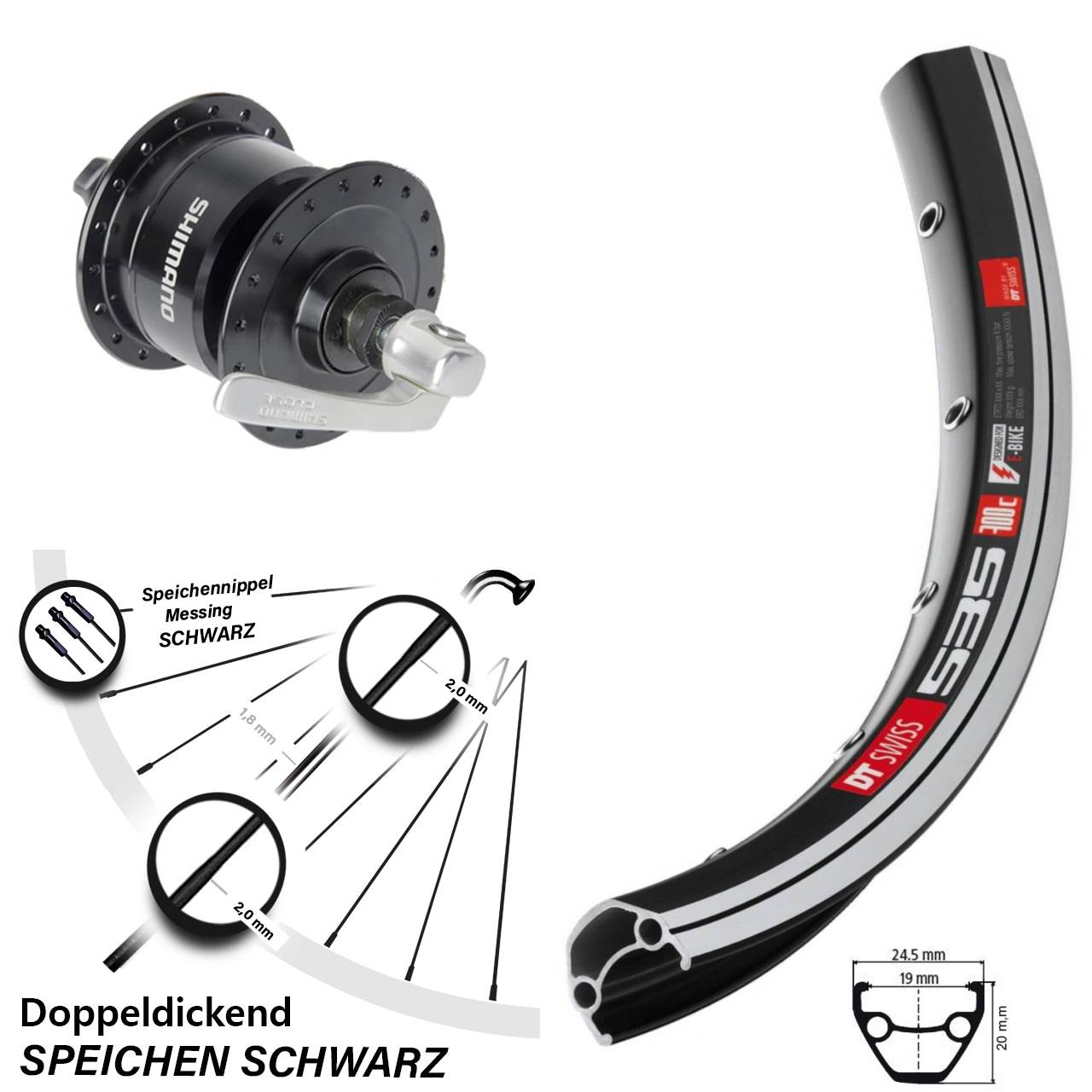Nabendynamolaufrad 26 Zoll DT Swiss 535 Shimano DH3N72 für Schnellspanner