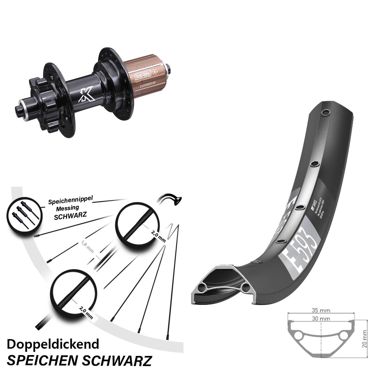 6-Loch Hinterrad QR 29 Zoll DT Swiss E593 KX-M 8-12 fach HG