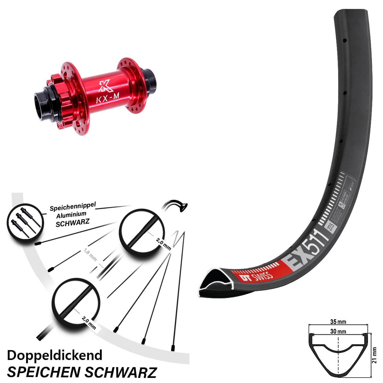 27,5 Zoll DT Swiss EX 511 Disc KX-M 6-Loch Vorderrad 20x110 non Boost