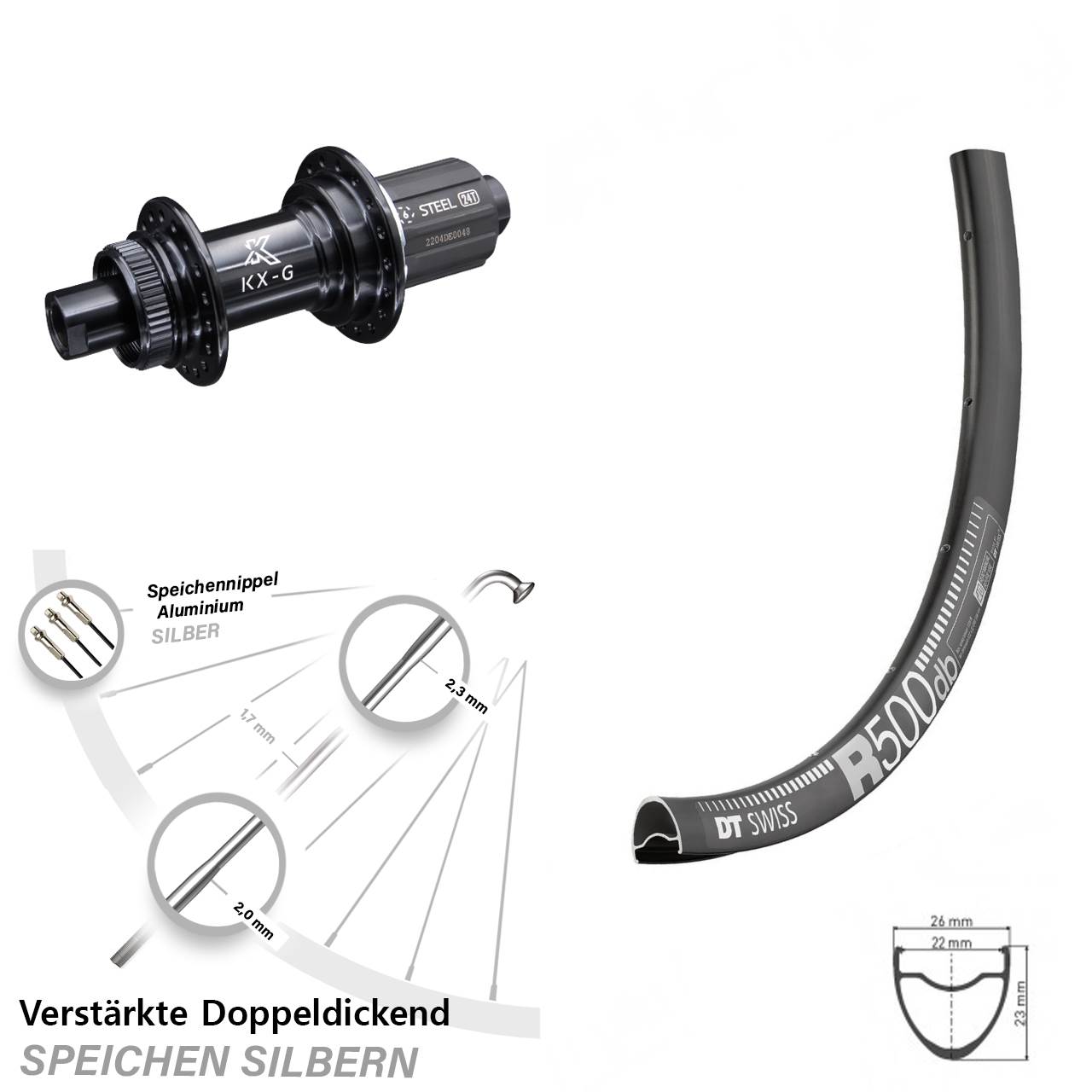DT Swiss R 500 Disc Hinterrad 28 Zoll KX-GS Nabe 12x142 mm Centerlock 8-12 fach