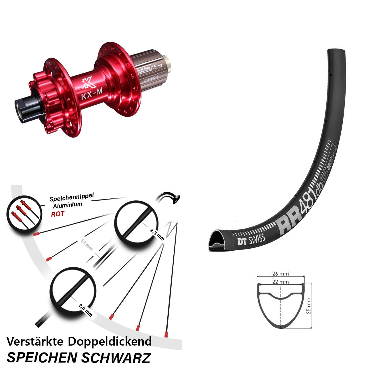 28 Zoll DT Swiss RR481 KX-M rot 6-Loch Hinterrad 12x142 8-12 fach HG