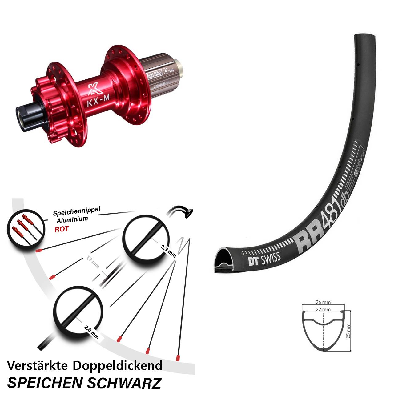 28 Zoll DT Swiss RR481 KX-M rot 6-Loch Hinterrad 12x142 8-12 fach HG