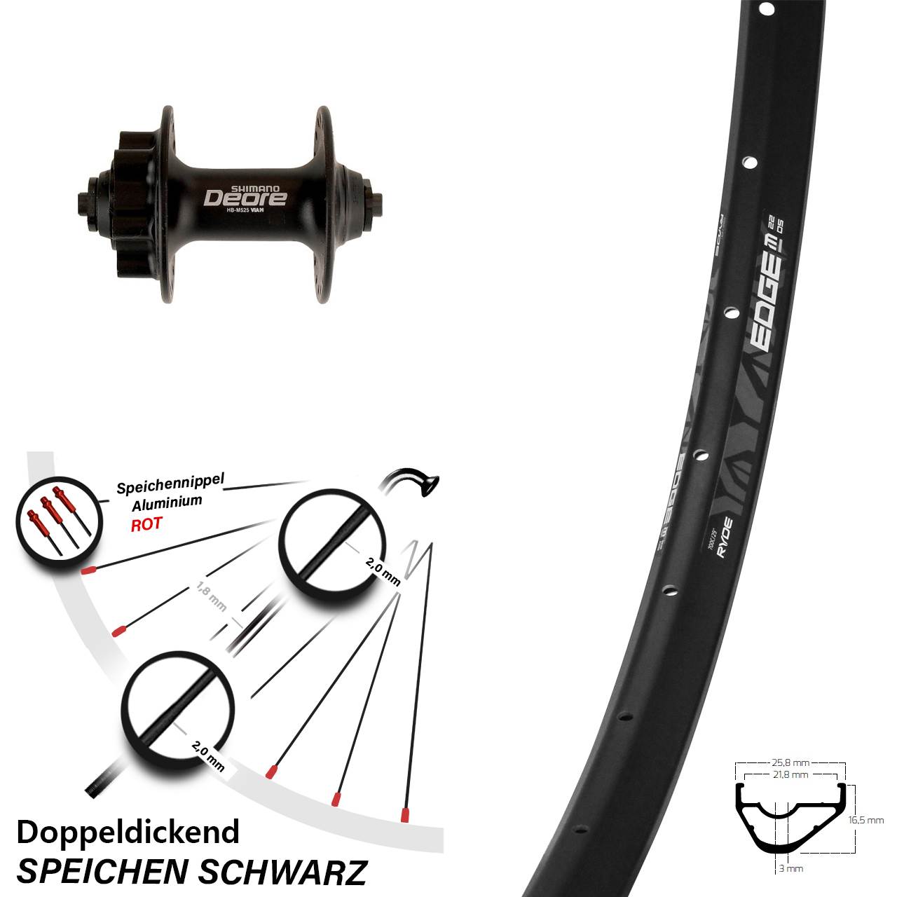 28-29 Zoll Ryde Edge M22 Shimano Deore Vorderrad 6-Loch QR