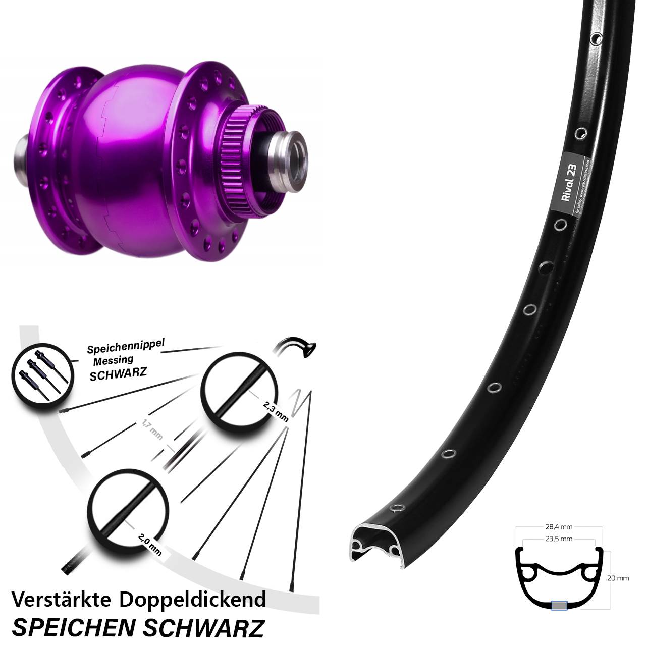 Disc Nabendynamovorderrad 27,5 Zoll Ryde Rival 23 SON 28 violett 12x100