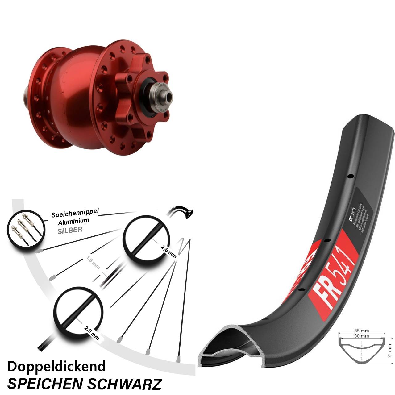 Nabendynamovorderrad 6-Loch 27,5 Zoll DT Swiss FR 541 SON 28 rot für Schnellspanner