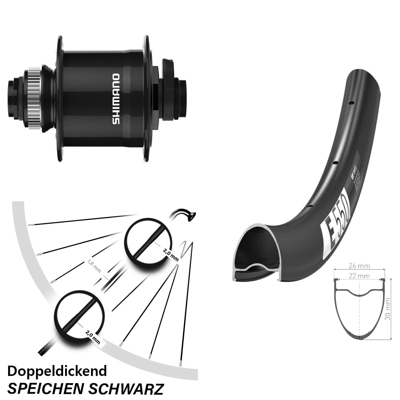 DT Swiss E 550 Shimano DH-UR708 28 Zoll Disc Vorderrad mit Nabendynamo 15x100