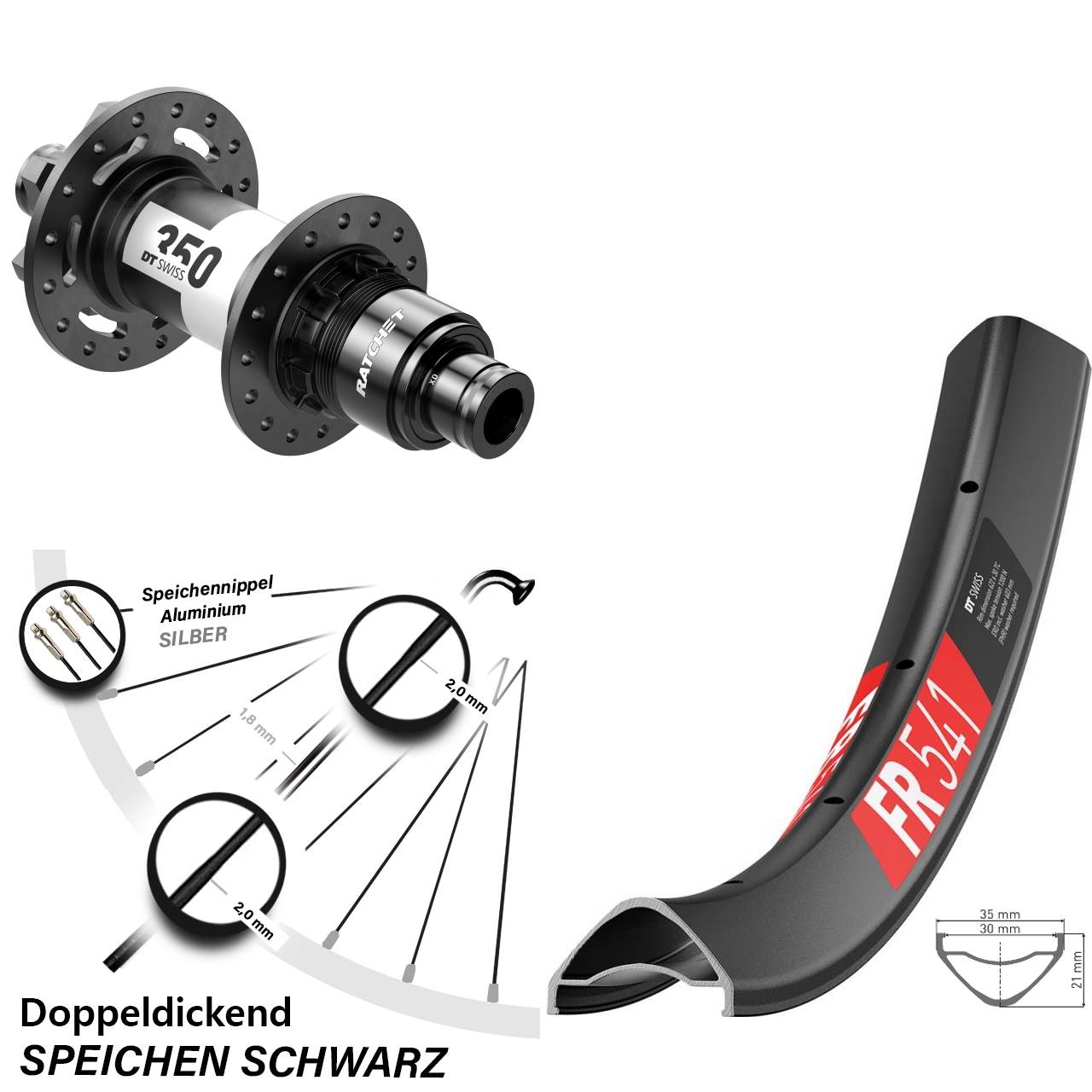 schwarzes 29 Zoll Hinterrad FR 541 DT Swiss 350 Boos 6-Loch Sram XD 12x148 mm