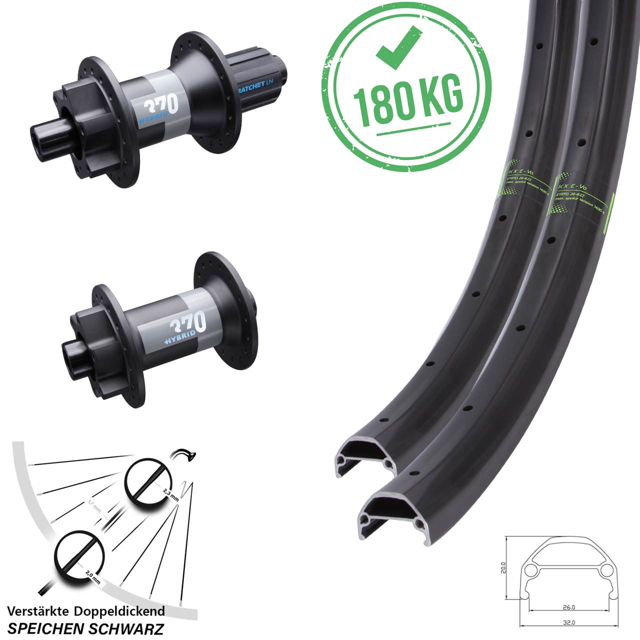 Laufradsatz 6-Loch 15x110 12x148 20/29 Zoll KX Evo DT Swiss Hybrid 370 8-11 fach