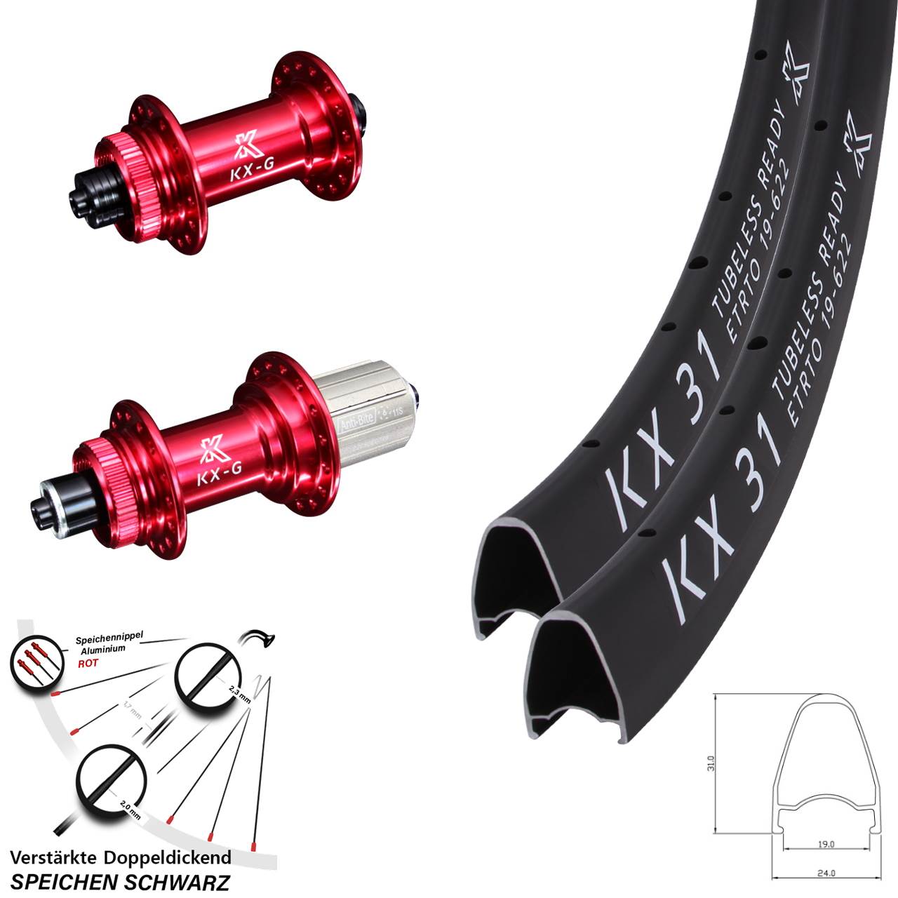 KX-G 31 rot 28 Zoll Centerlock Laufradsatz QR 8-12 fach HG
