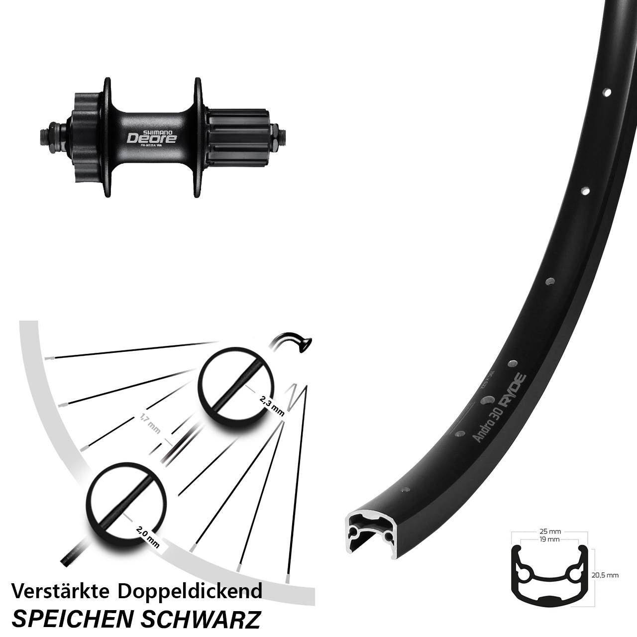 28-29 Zoll Ryde Andra 30 Shimano Deore Disc Hinterrad für Schnellspanner 8-11 fach HG