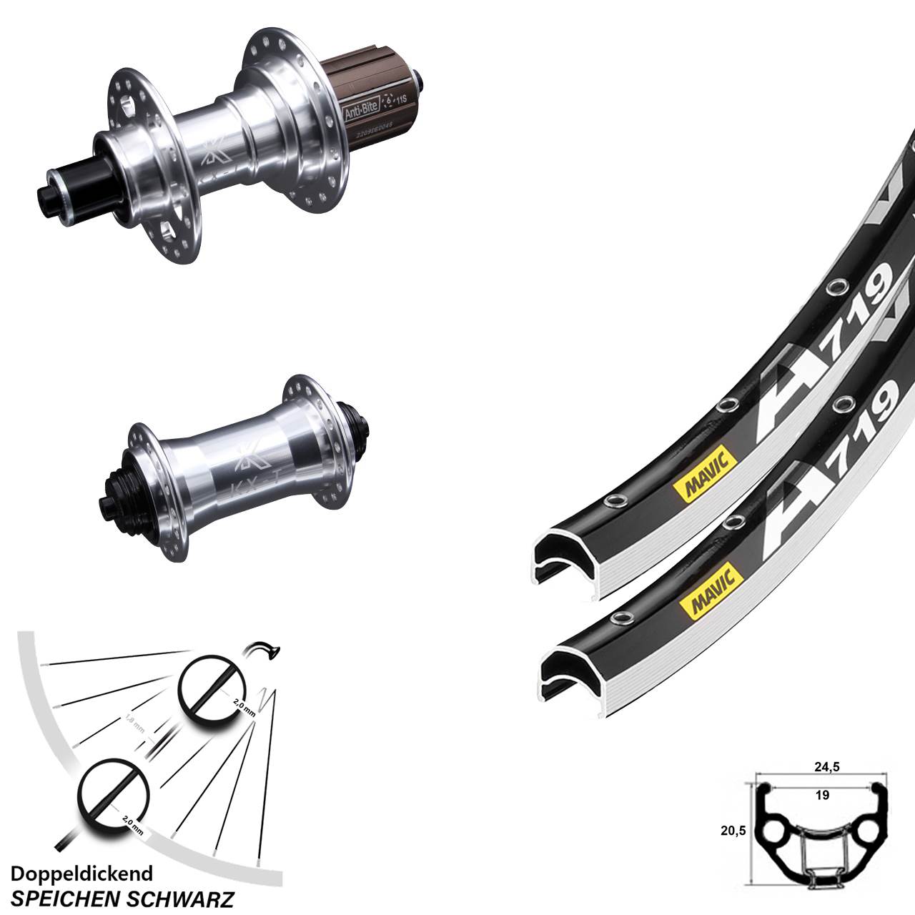 Mavic A719 silbern KX-T 4 Kugellager 28 Zoll Laufrad-Satz QR 8-12 fach HG