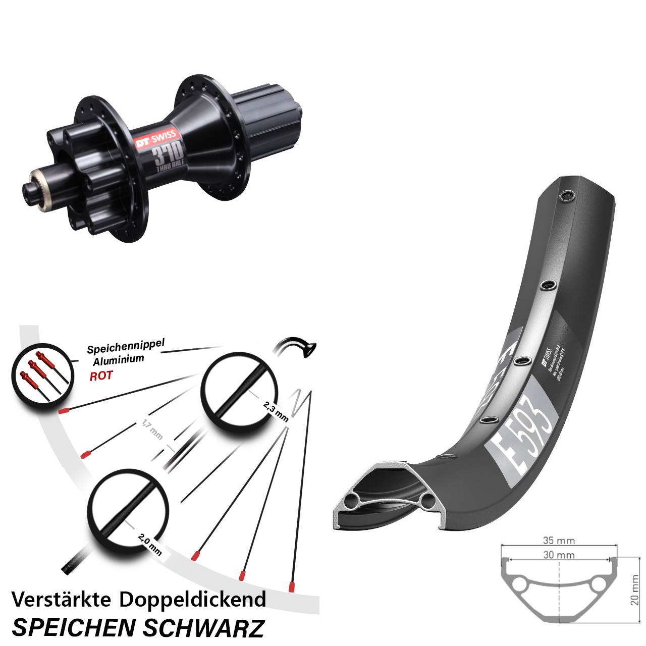 Disc Hinterrad 29 Zoll DT Swiss E 593 DT Swiss 370 Hybrid 8-11 fach für Schnellspanner