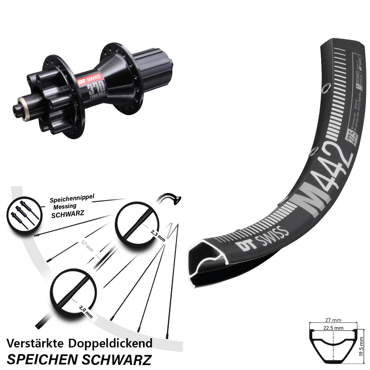 DT Swiss M 442-370 Hybrid 28 Zoll Disc Laufrad für Schnellspanner 8-11 fach